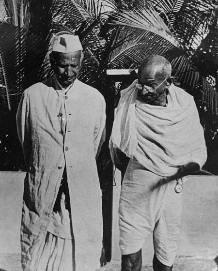 Gandhiji with Thakkar Bapa - his Close Lieutenant for the Harijan uplift work, at Juhu, Bombay (Mumbai) 1944.jpg